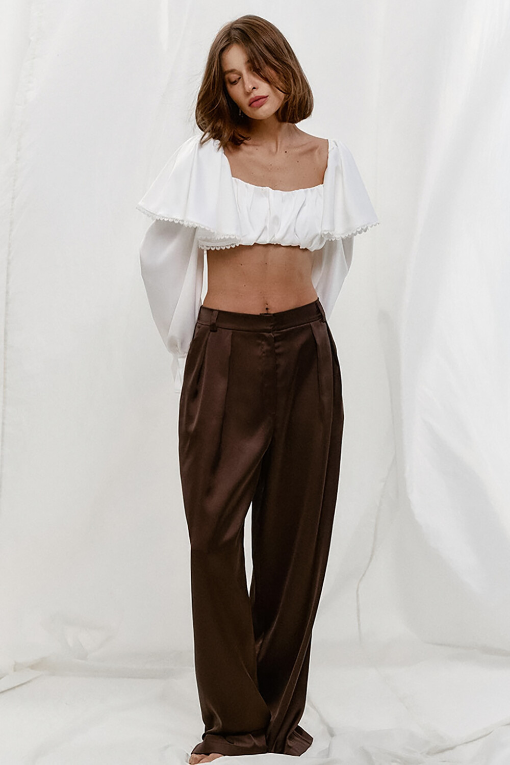 Ruffled Flare Sleeve Square Neck Solid Color Crop Top-White