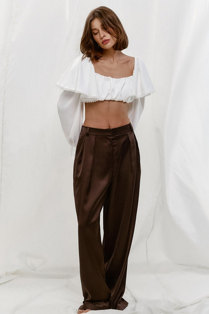 Ruffled Flare Sleeve Square Neck Solid Color Crop Top-White