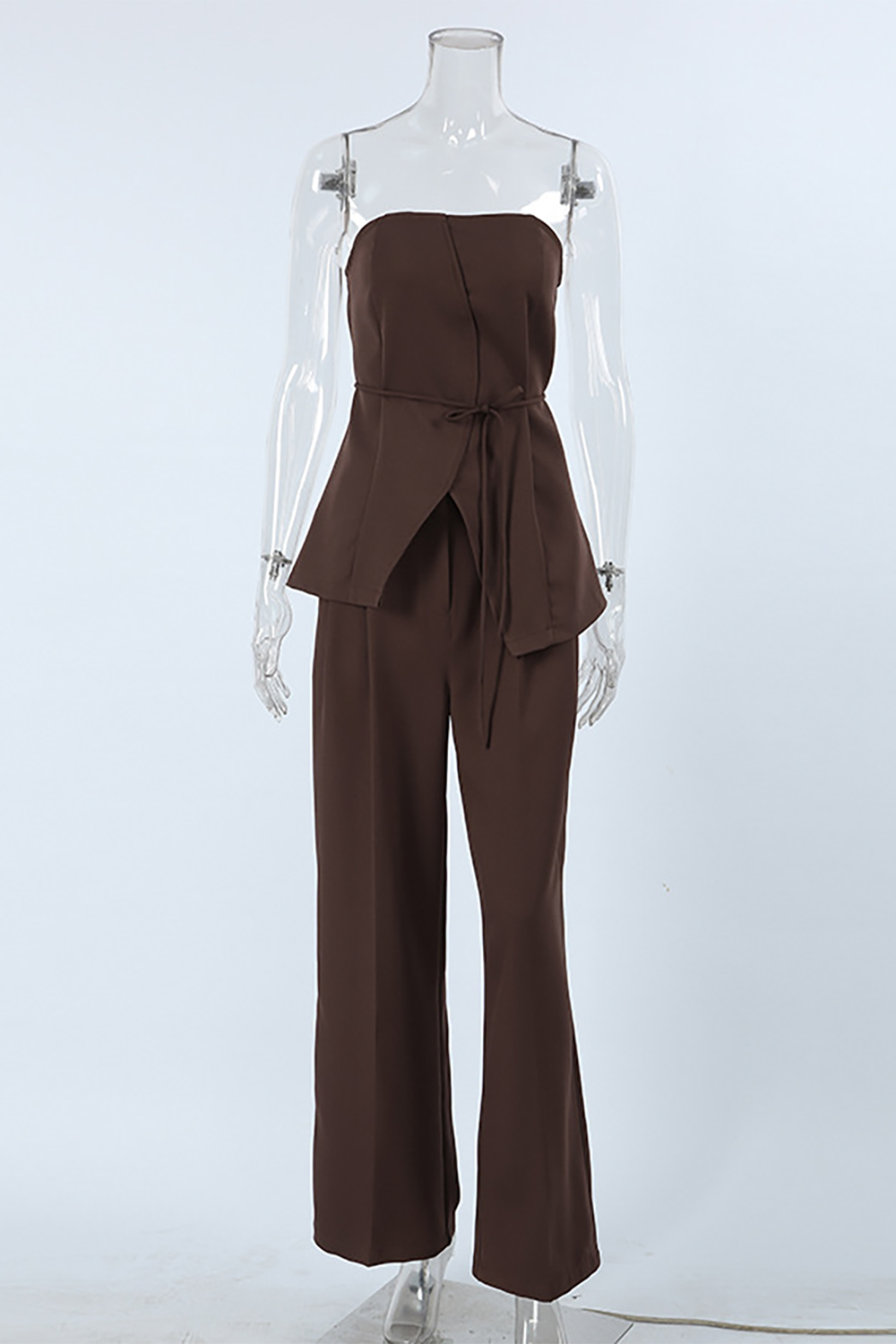 Strapless Tie Up Cinch Waist Slit Top Plain Straight Leg Pants 2pcs Set-Brown