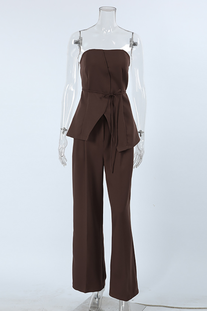 Strapless Tie Up Cinch Waist Slit Top Plain Straight Leg Pants 2pcs Set-Brown