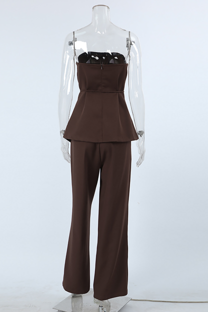 Strapless Tie Up Cinch Waist Slit Top Plain Straight Leg Pants 2pcs Set-Brown