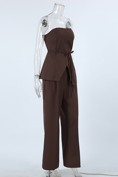 Strapless Tie Up Cinch Waist Slit Top Plain Straight Leg Pants 2pcs Set-Brown