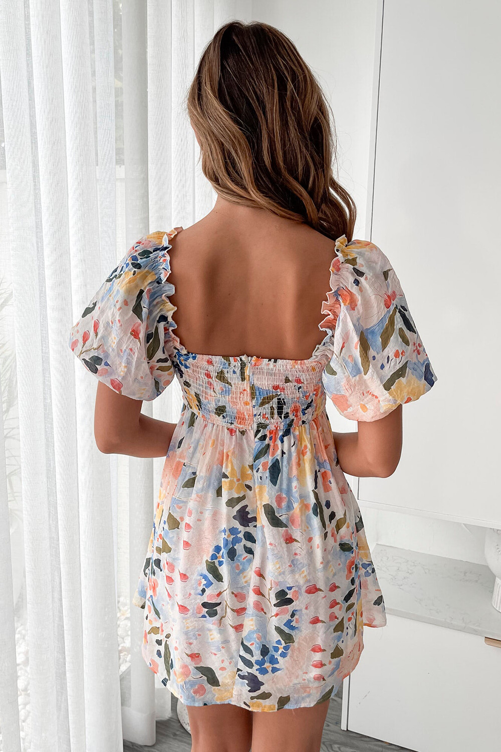 Floral Print Puff Sleeve V Neck Cutout Pleated Mini Dresses-Blue [Pre Order]