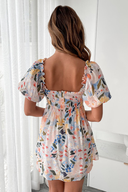 Floral Print Puff Sleeve V Neck Cutout Pleated Mini Dresses-Blue [Pre Order]