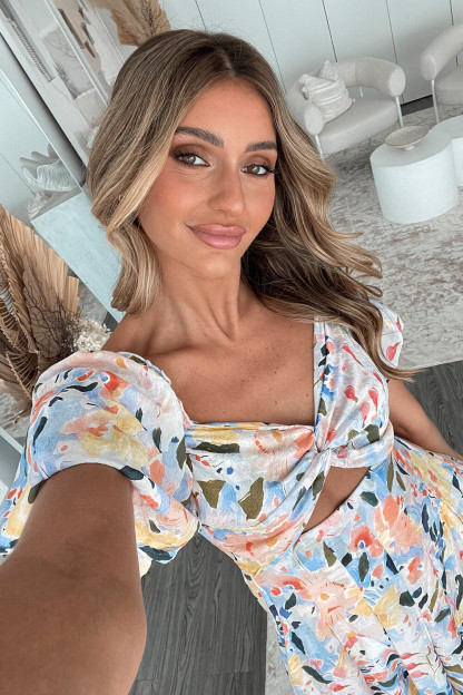 Floral Print Puff Sleeve V Neck Cutout Pleated Mini Dresses-Blue [Pre Order]