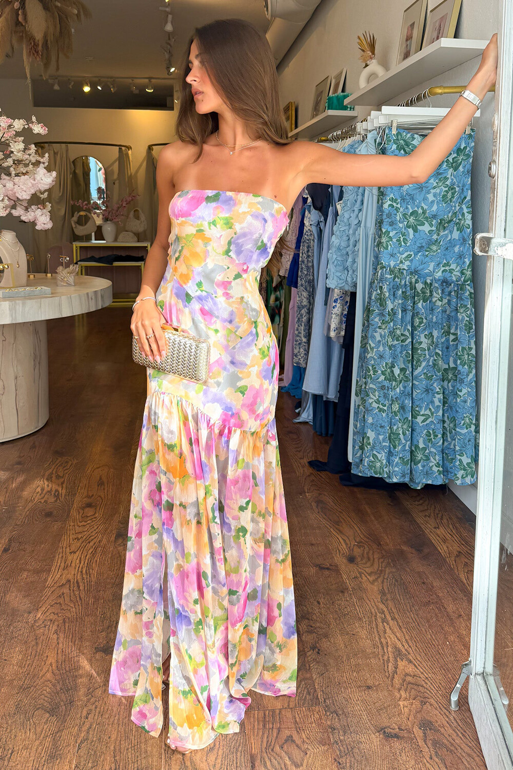 Boat Neck Floral Print Semi-Fitted Strapless Maxi Dresses-Purple [Pre Order]
