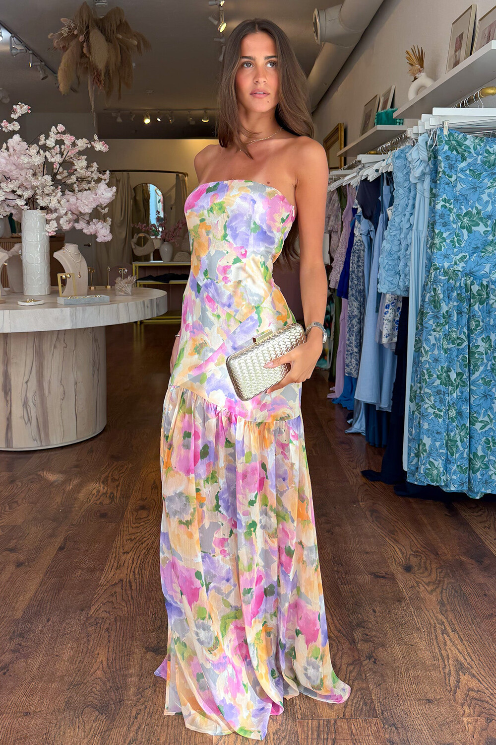 Boat Neck Floral Print Semi-Fitted Strapless Maxi Dresses-Purple [Pre Order]