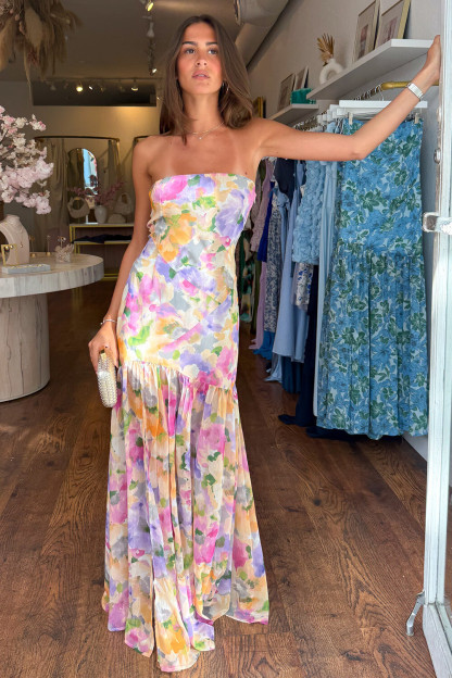 Boat Neck Floral Print Semi-Fitted Strapless Maxi Dresses-Purple [Pre Order]