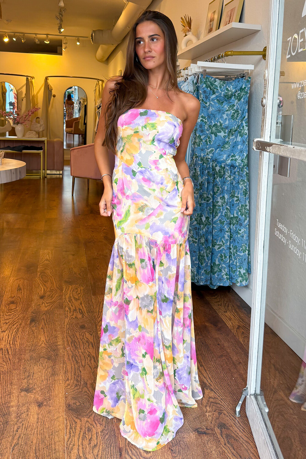 Boat Neck Floral Print Semi-Fitted Strapless Maxi Dresses-Purple [Pre Order]