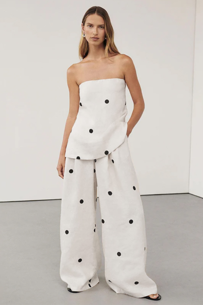 Polka Dot Print Strapless Top Pocket Wide Leg Pants Casual 2pcs Set-OffWhite