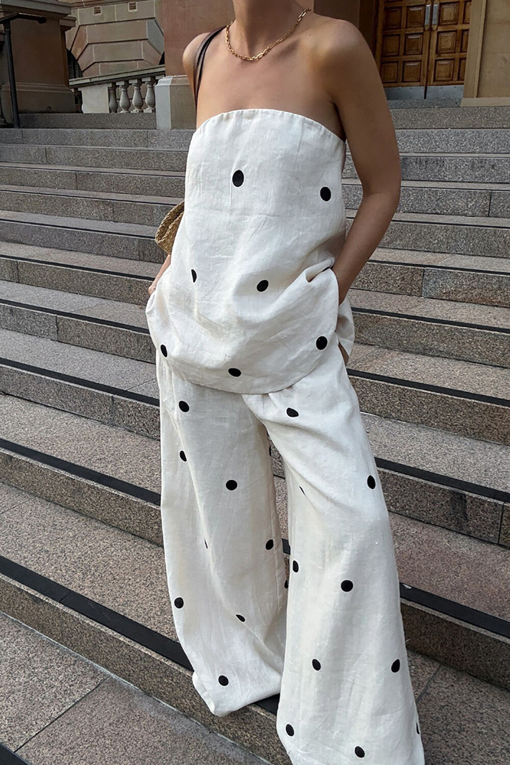 Polka Dot Print Strapless Top Pocket Wide Leg Pants Casual 2pcs Set-OffWhite