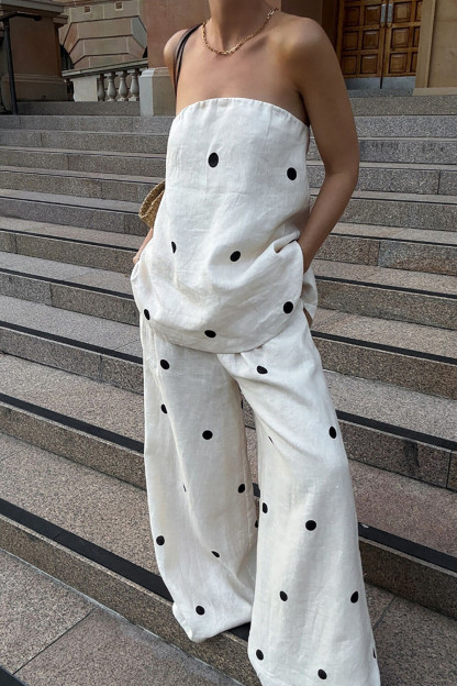 Polka Dot Print Strapless Top Pocket Wide Leg Pants Casual 2pcs Set-OffWhite