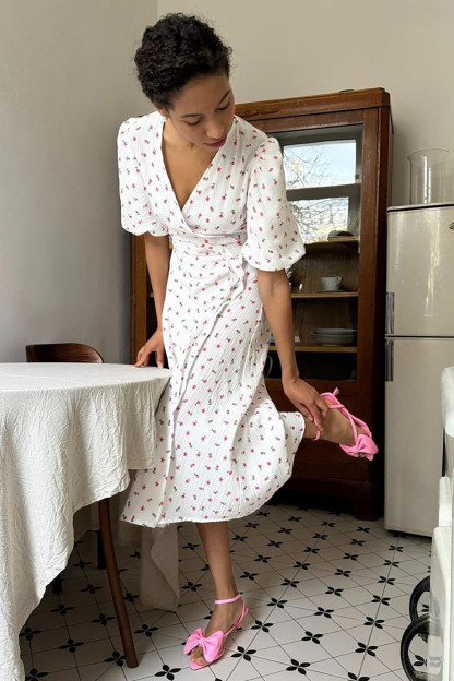 Ditsy Floral Print V Neck Puff Sleeve Tie Up A-Line Midi Dresses-Yellow