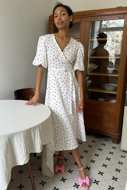 Ditsy Floral Print V Neck Puff Sleeve Tie Up A-Line Midi Dresses-Yellow