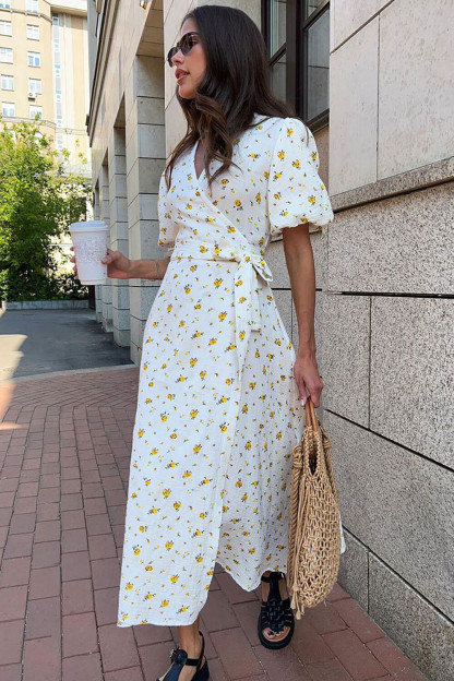 Ditsy Floral Print V Neck Puff Sleeve Tie Up A-Line Midi Dresses-Yellow