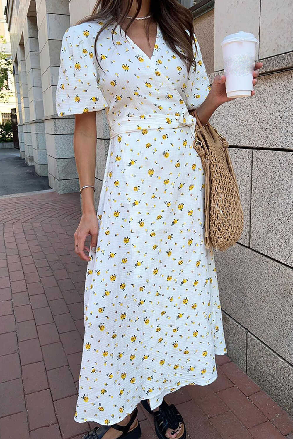 Ditsy Floral Print V Neck Puff Sleeve Tie Up A-Line Midi Dresses-Yellow