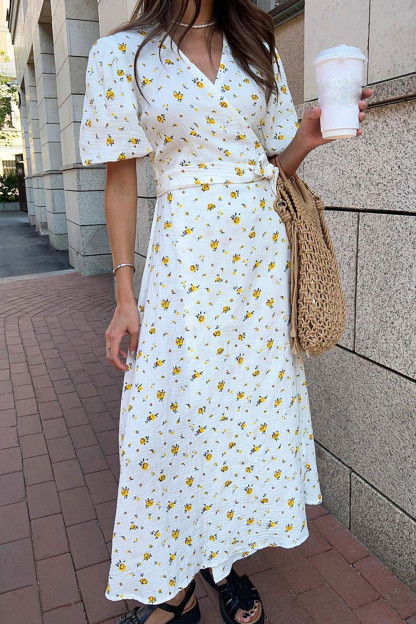 Ditsy Floral Print V Neck Puff Sleeve Tie Up A-Line Midi Dresses-Yellow