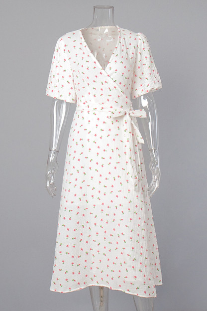 Ditsy Floral Print V Neck Puff Sleeve Tie Up A-Line Midi Dresses-Yellow