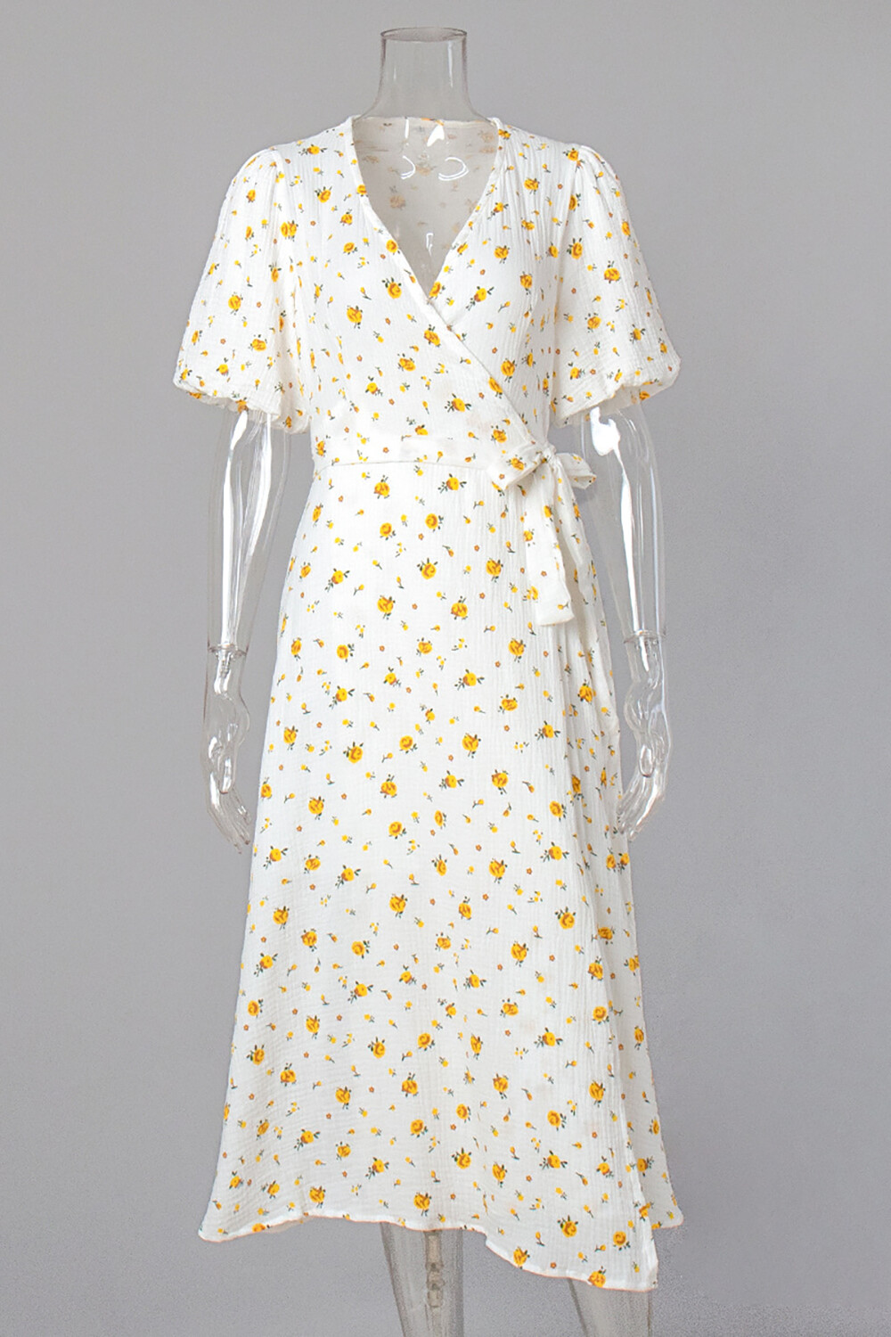 Ditsy Floral Print V Neck Puff Sleeve Tie Up A-Line Midi Dresses-Yellow