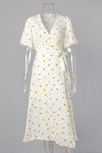 Ditsy Floral Print V Neck Puff Sleeve Tie Up A-Line Midi Dresses-Yellow