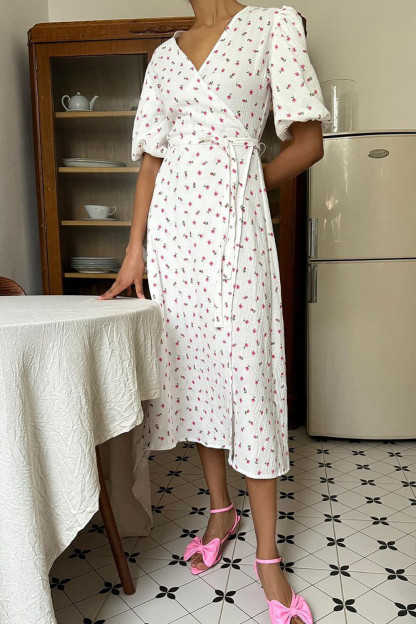 Ditsy Floral Print V Neck Puff Sleeve Tie Up A-Line Midi Dresses-Yellow