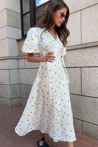 Ditsy Floral Print V Neck Puff Sleeve Tie Up A-Line Midi Dresses-Yellow