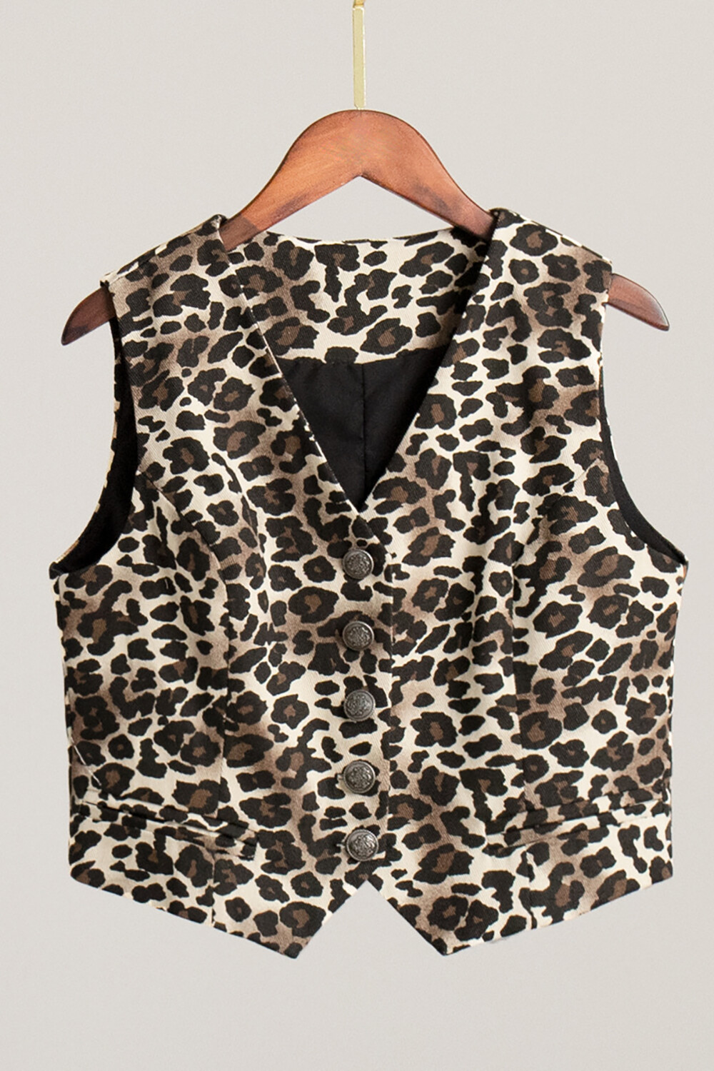 Leopard Print V Neck Vest High Waist Shorts Matching Set-Brown