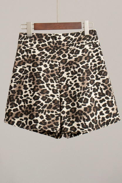Leopard Print V Neck Vest High Waist Shorts Matching Set-Brown