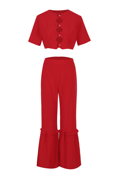 Cutout Button Up Short Sleeve Crop Top Flared Pants 2pcs Set-Red