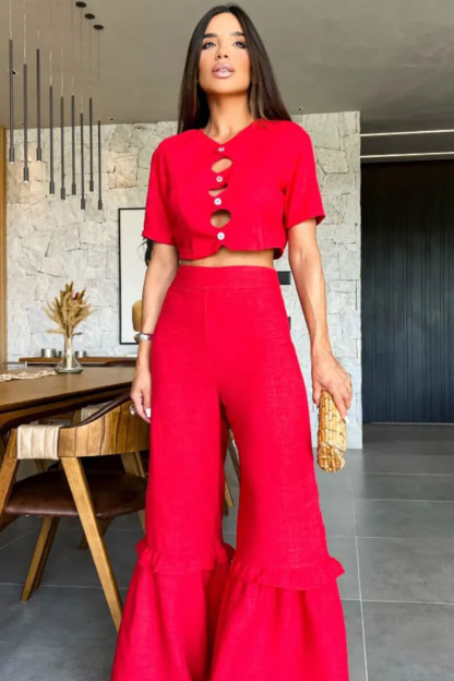 Cutout Button Up Short Sleeve Crop Top Flared Pants 2pcs Set-Red