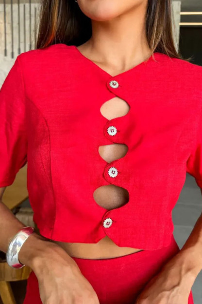 Cutout Button Up Short Sleeve Crop Top Flared Pants 2pcs Set-Red