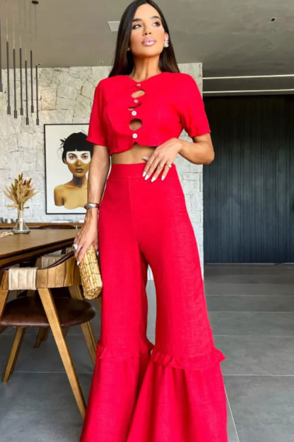 Cutout Button Up Short Sleeve Crop Top Flared Pants 2pcs Set-Red