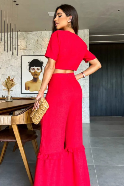 Cutout Button Up Short Sleeve Crop Top Flared Pants 2pcs Set-Red
