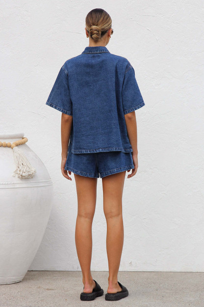 Denim Short Sleeve Loose Fit Blouse Pockets Shorts Casual 2pcs Set-Navy