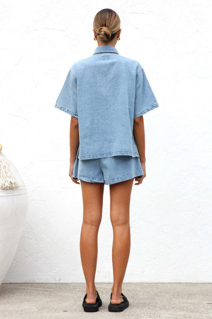 Denim Short Sleeve Loose Fit Blouse Pockets Shorts Casual 2pcs Set-Navy