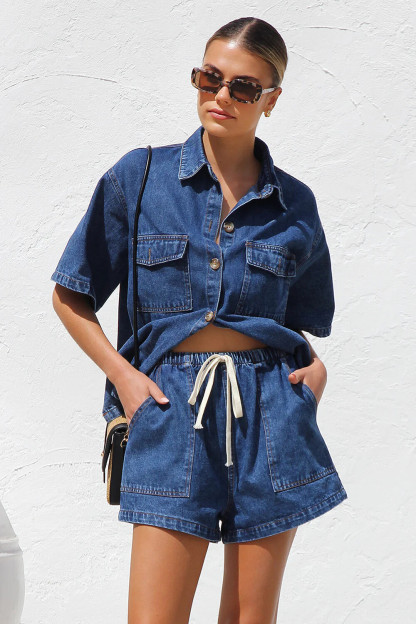 Denim Short Sleeve Loose Fit Blouse Pockets Shorts Casual 2pcs Set-Navy