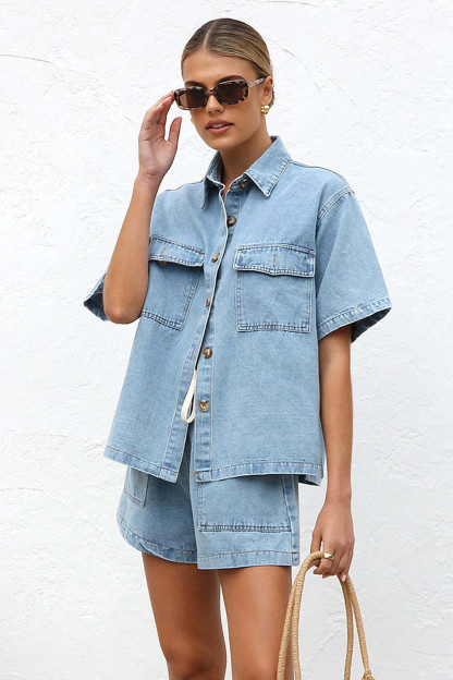 Denim Short Sleeve Loose Fit Blouse Pockets Shorts Casual 2pcs Set-Navy