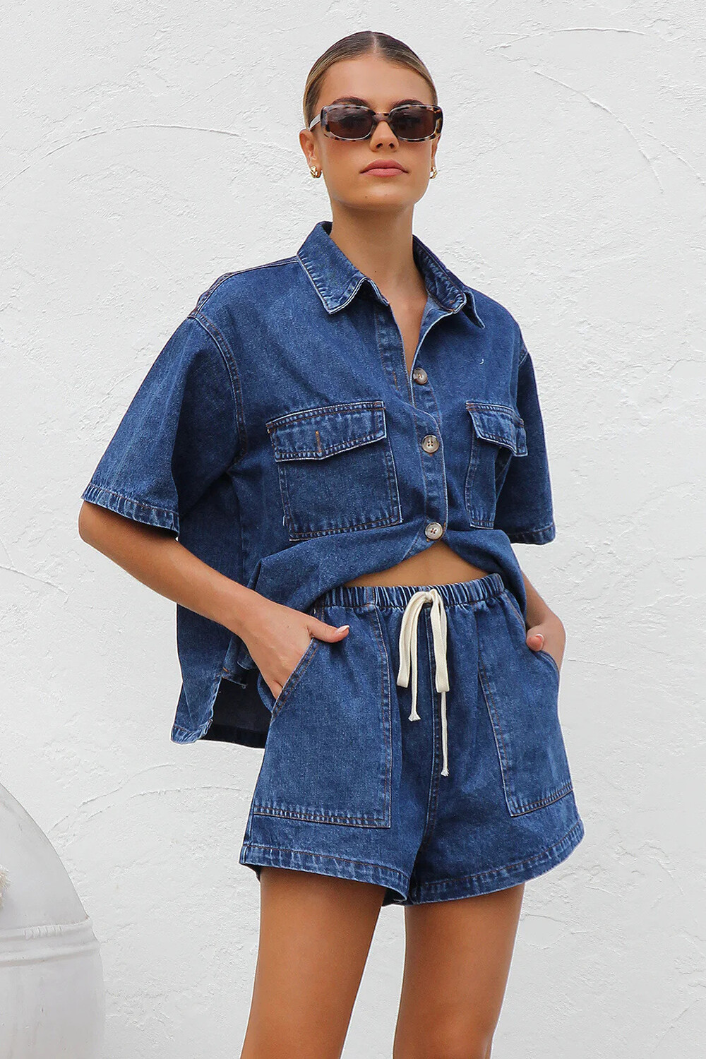 Denim Short Sleeve Loose Fit Blouse Pockets Shorts Casual 2pcs Set-Navy