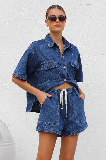 Denim Short Sleeve Loose Fit Blouse Pockets Shorts Casual 2pcs Set-Navy