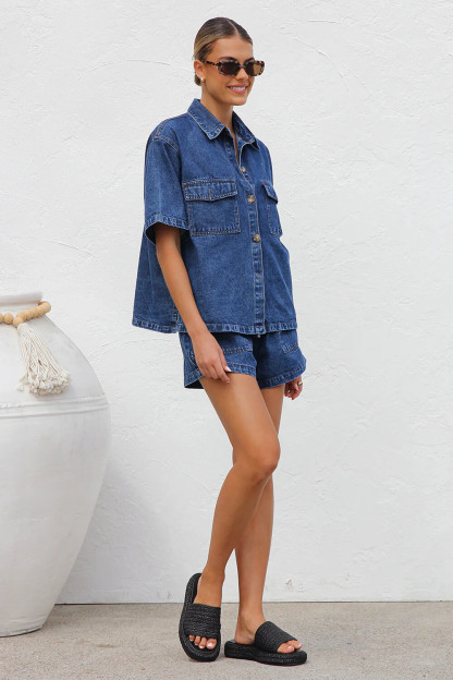 Denim Short Sleeve Loose Fit Blouse Pockets Shorts Casual 2pcs Set-Navy
