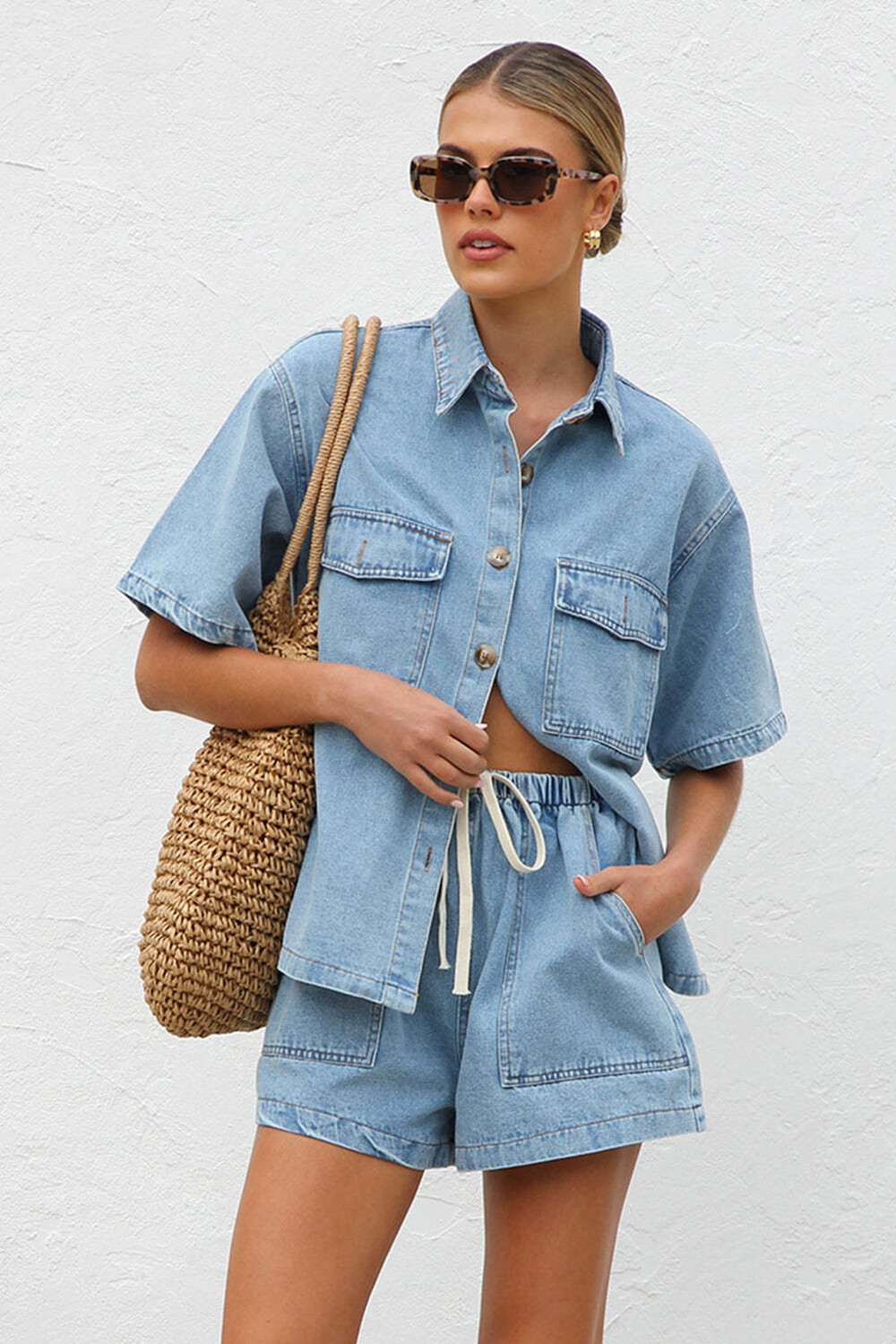 Denim Short Sleeve Loose Fit Blouse Pockets Shorts Casual 2pcs Set-Navy