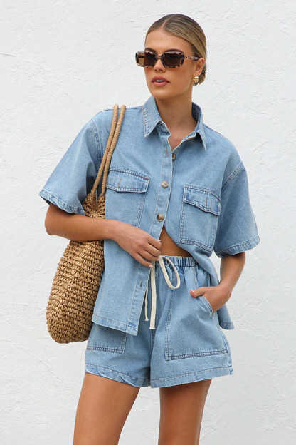 Denim Short Sleeve Loose Fit Blouse Pockets Shorts Casual 2pcs Set-Navy
