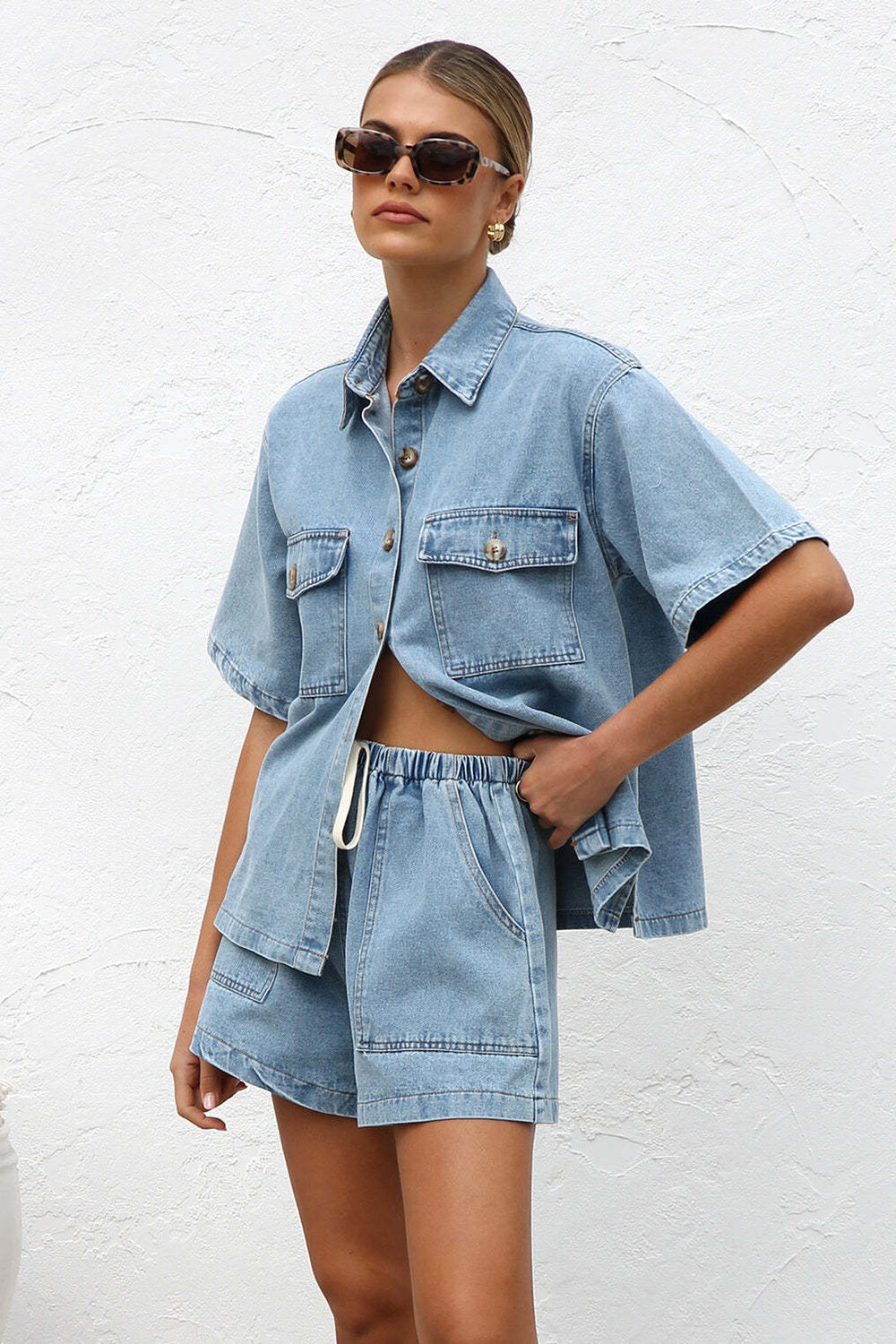 Denim Short Sleeve Loose Fit Blouse Pockets Shorts Casual 2pcs Set-Navy