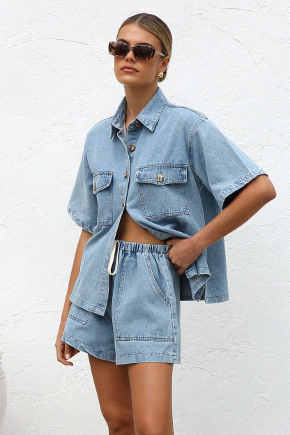 Denim Short Sleeve Loose Fit Blouse Pockets Shorts Casual 2pcs Set-Navy