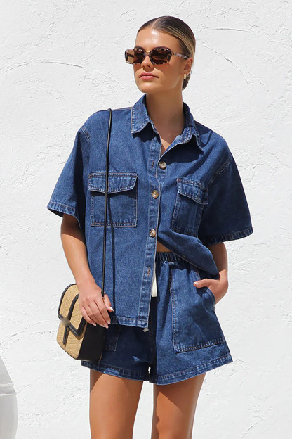 Denim Short Sleeve Loose Fit Blouse Pockets Shorts Casual 2pcs Set-Navy