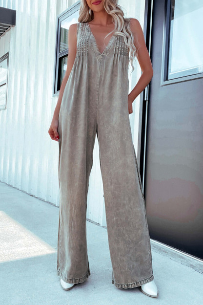 Pleated V Neck Denim Wide Leg Backless Sleeveless Jumpsuit-Blue