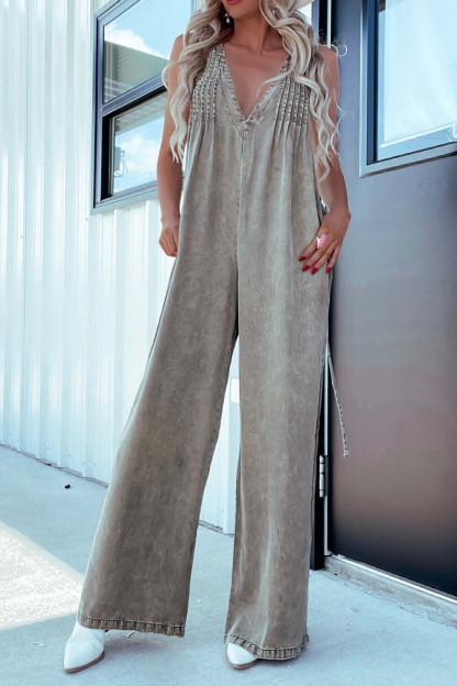 Pleated V Neck Denim Wide Leg Backless Sleeveless Jumpsuit-Blue