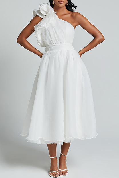 Ruffled One Shoulder Sleeveless A-Line Flowy Midi Dresses-White