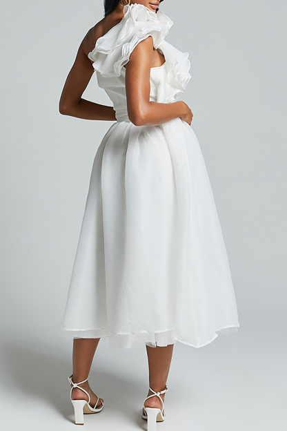 Ruffled One Shoulder Sleeveless A-Line Flowy Midi Dresses-White