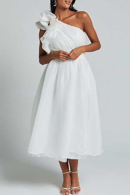 Ruffled One Shoulder Sleeveless A-Line Flowy Midi Dresses-White